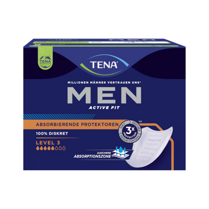 La protection pour incontinence TENA Men Active Fit Level 3, emballée dans un bleu et noir distinctif, est conçue pour l'incontinence urinaire. Ce produit de TENA – Essity Germany GmbH présente un graphique de bouclier et met en avant des avantages tels qu'une triple protection et une discrétion absolue, ce qui en fait le choix idéal pour les hommes recherchant confiance et confort. Chaque paquet contient 16 pièces.