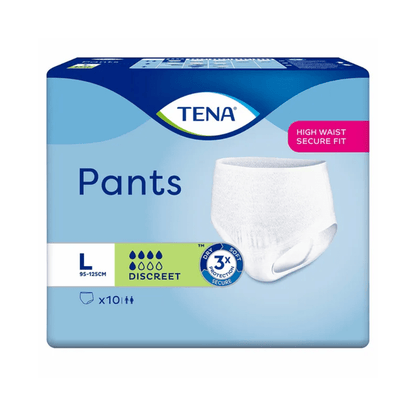 La culotte d'incontinence TENA Pants Discreet de TENA – Essity Germany GmbH en taille Large offre un ajustement haut et sécurisé. L'emballage met en avant son design discret, comprenant 10 culottes jetables (sous-vêtements jetables), avec un schéma de couleurs bleu et blanc qui souligne sa capacité d'absorption et ses caractéristiques de sécurité pour le traitement de la faiblesse de la vessie.