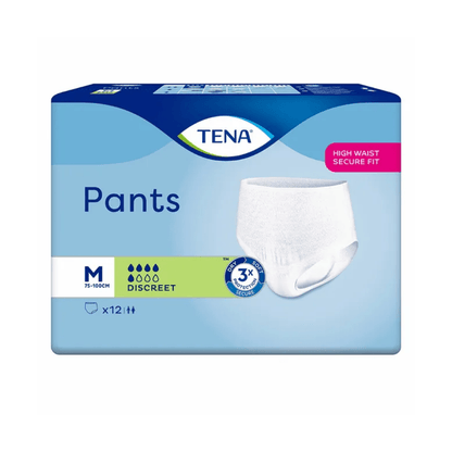 L'image montre des culottes d'incontinence TENA Pants Discreet, taille moyenne, adaptées aux tours de taille de 75 à 100 cm. L'emballage est conçu en bleu et blanc avec une image du produit mettant en avant « Discret » et « High Waist Secure Fit ». Il s'agit d'une solution idéale de sous-vêtements jetables pour faiblesse vésicale. Contient 12 pièces. Produit par TENA – Essity Deutschland GmbH.