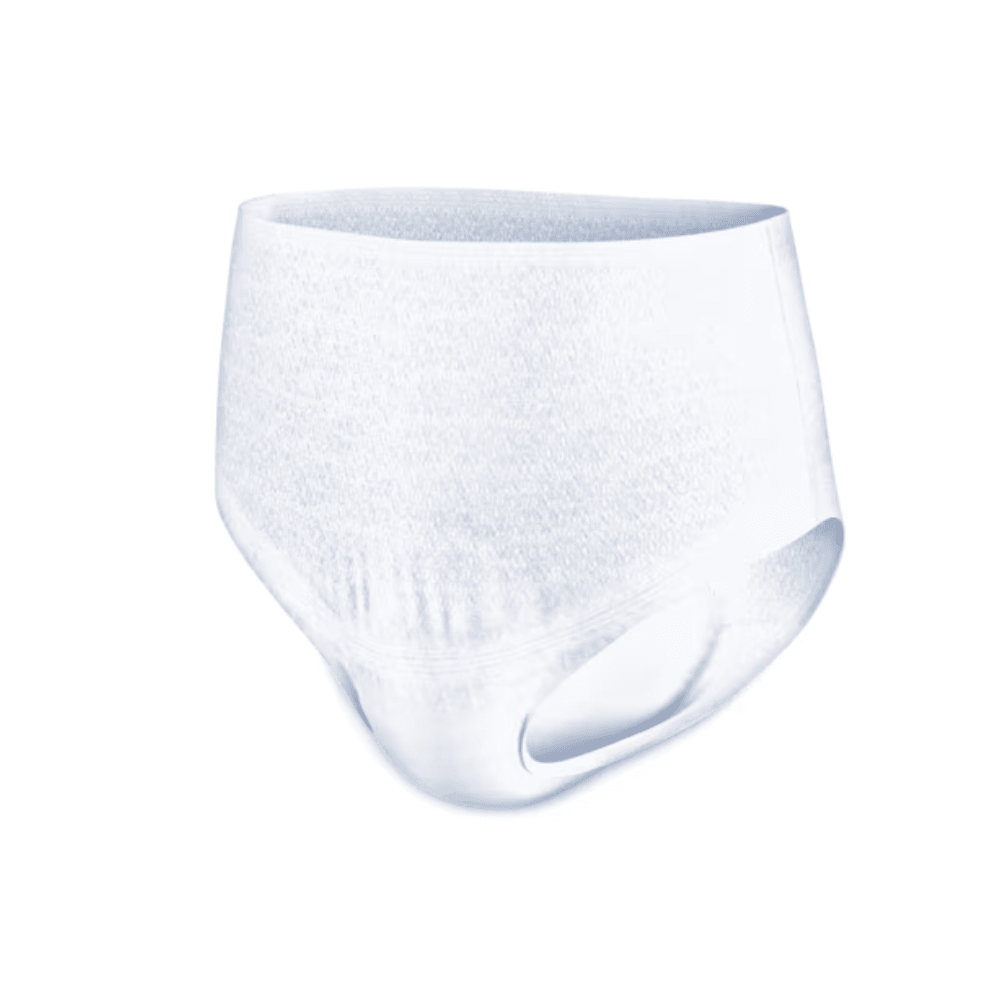Sur un fond uni, une paire de culottes jetables blanches pour adultes est illustrée, parfaite pour le traitement de l'incontinence. Ces TENA Proskin Pants Maxi culottes d'incontinence de TENA - Essity Germany GmbH sont conçues pour le confort et l'absorption et disposent d'une ceinture élastique et de découpes pour les jambes.