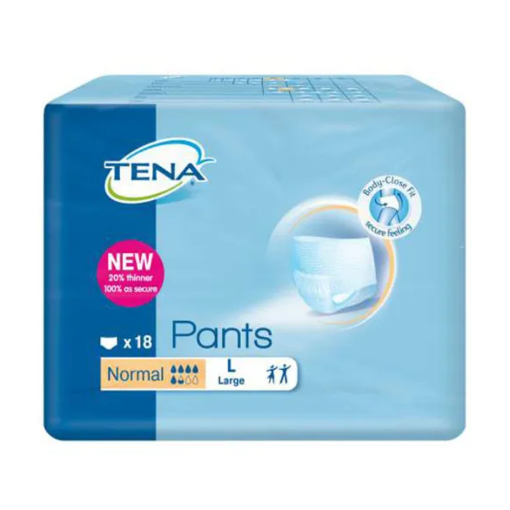 Eine Packung TENA Pants Normal Inkontinenzhosen, in hellblauem Design. Auf der Packung steht, dass sie 18 große TENA Pants Normal Inkontinenzhosen für Blasenschwäche mit normaler Saugfähigkeit enthält. Neu ist die Angabe „20 % dünner, 100 % so sicher“. Auf der Vorderseite ist ein Bild der Hose abgebildet.