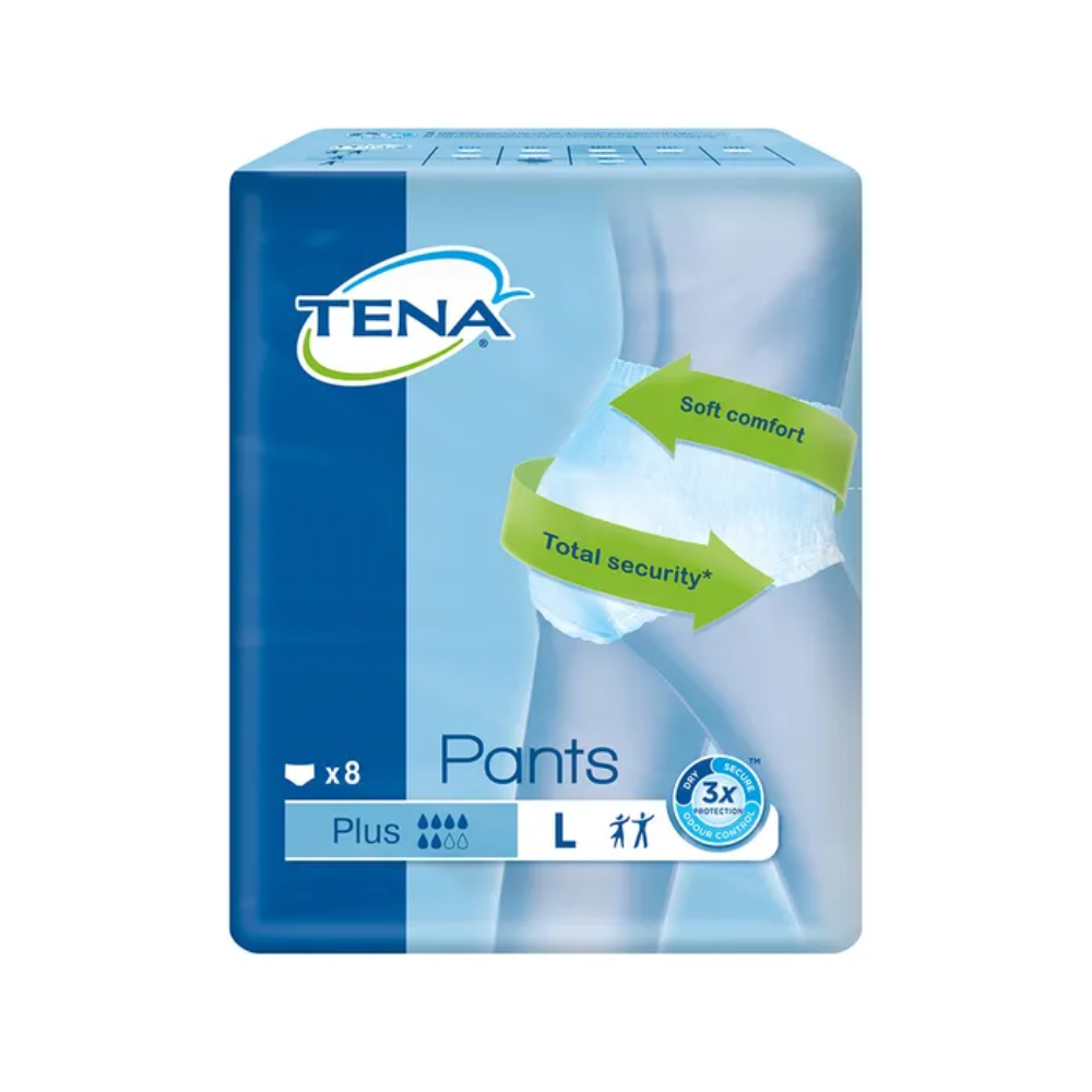 Sur l'emballage des TENA Pants Plus ConfioFit culottes d'incontinence en taille L, on voit une image du produit avec des étiquettes mettant en avant le « Confort Doux » et la « Sécurité Totale ». Ce paquet de TENA – Essity Germany GmbH est parfait pour les personnes souffrant d'incontinence et contient 8 pièces. Il est muni de symboles démontrant l'utilisation et la capacité d'absorption pour garantir une protection fiable.