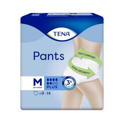 Image d'un paquet de TENA Pants Plus ConfioFit culottes d'incontinence de TENA - Essity Germany GmbH, taille moyenne 80-110 cm, avec absorption Plus. L'emballage montre une personne portant les culottes et met en avant le « Soft Comfort » et la « Total Security » pour une protection efficace contre l'incontinence. Contient 9 pièces.