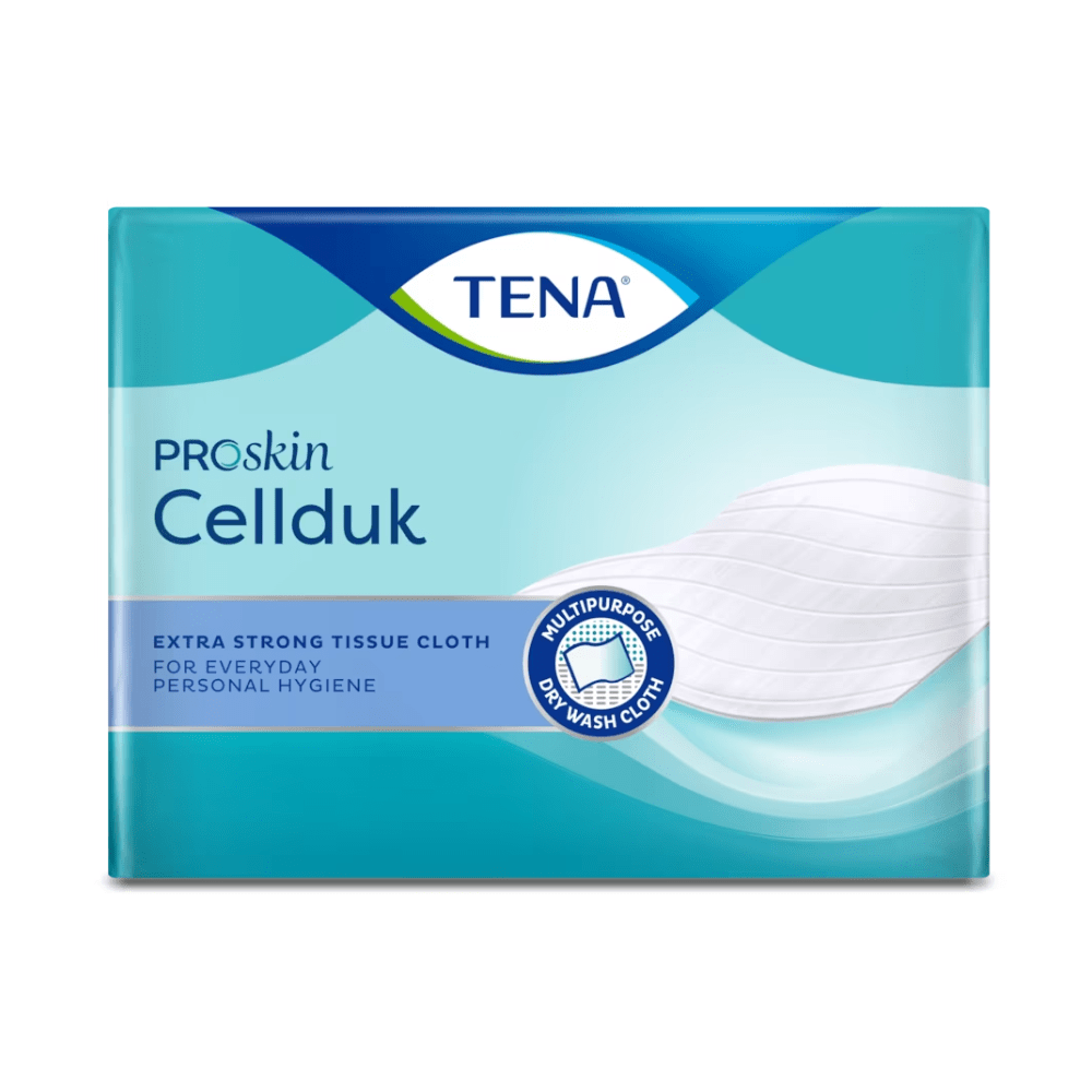 L'emballage du TENA ProSkin Cellduk Trockentuch 25 x 26 cm est illustré dans les couleurs bleu et vert. Il montre le nom du produit et la description : « Tissu extra fort pour l'hygiène quotidienne avec une résistance accrue à l'humidité. » De plus, une image d'un tissu blanc est incluse.