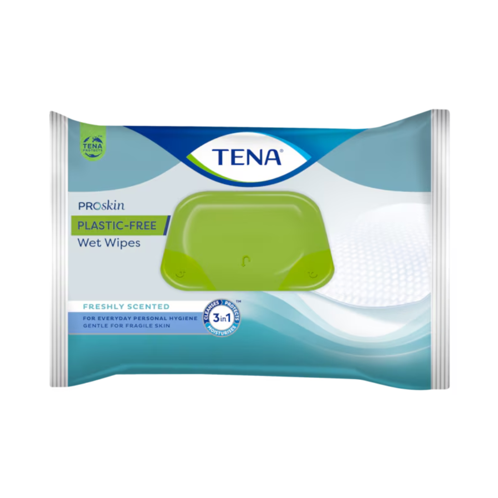 Les lingettes humides TENA ProSkin sans plastique, proposées par TENA – Essity Germany GmbH dans un paquet de 48 pièces, sont livrées dans un emballage au design vert-bleu avec un couvercle vert refermable. Ces lingettes sont étiquetées comme fraîchement parfumées, offrent une protection de la peau et sont idéales pour l'hygiène corporelle quotidienne grâce à leur formulation douce pour les peaux sensibles.