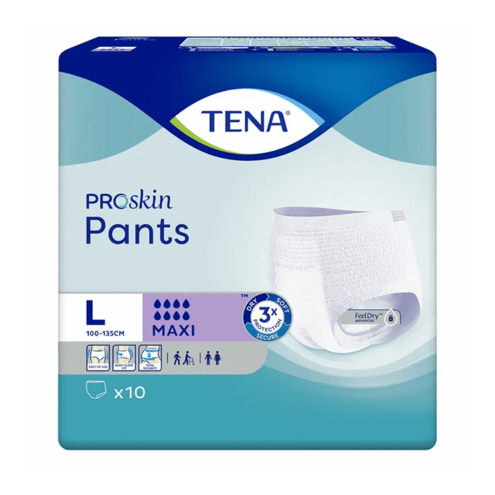 L'emballage des TENA Proskin Pants Maxi culottes d'incontinence, fabriqué par TENA – Essity Germany GmbH, est disponible en taille L (100-135 cm) et comprend 10 pièces par paquet. Il dispose de la technologie FeelDry et de symboles indiquant son adéquation pour les adultes souffrant d'incontinence.