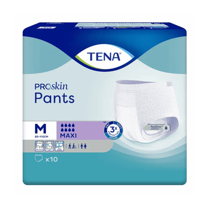 Un paquet de TENA Proskin Pants Maxi culottes d'incontinence, fabriqué par TENA – Essity Germany GmbH, est idéal pour le traitement de l'incontinence. Disponible en taille M, l'emballage bleu montre l'image du produit et met en avant la technologie « FeelDry », « ProSkin » et une capacité d'absorption « MAXI ». Chaque paquet contient 10 culottes d'incontinence, conçues pour des tours de hanches de 80 à 110 cm.