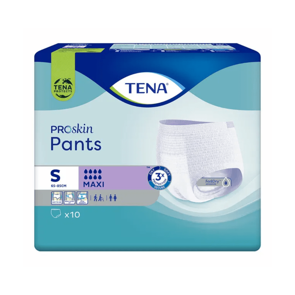 Un paquet de TENA Proskin Pants Maxi culottes d'incontinence de TENA - Essity Germany GmbH en taille Small. L'emballage bleu-vert montre une image du produit et indique qu'il contient 10 pièces, idéal pour le traitement discret de l'incontinence avec une capacité d'absorption « Maxi ».