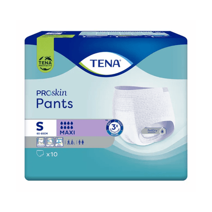 Un paquet de TENA Proskin Pants Maxi culottes d'incontinence de TENA - Essity Germany GmbH en taille Small. L'emballage bleu-vert montre une image du produit et indique qu'il contient 10 pièces, idéal pour le traitement discret de l'incontinence avec une capacité d'absorption « Maxi ».