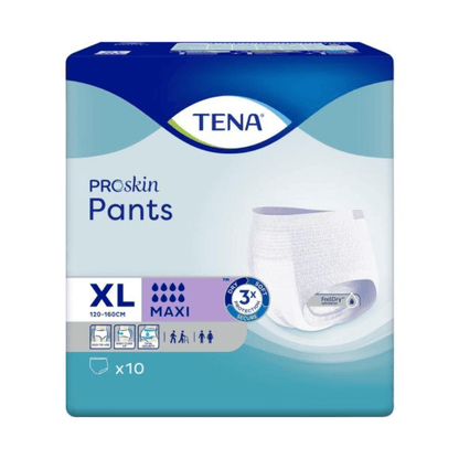 Les TENA Proskin Pants Maxi culottes d'incontinence de Essity Germany GmbH sont livrées dans un emballage bleu avec une image du produit. Il montre des détails importants tels que la taille XL (120-160 cm), la capacité d'absorption Maxi et la technologie FeelDry Advanced, avec un total de 10 culottes incluses. Les symboles sur l'emballage mettent en avant des fonctionnalités qui aident les personnes concernées à gérer efficacement l'incontinence.