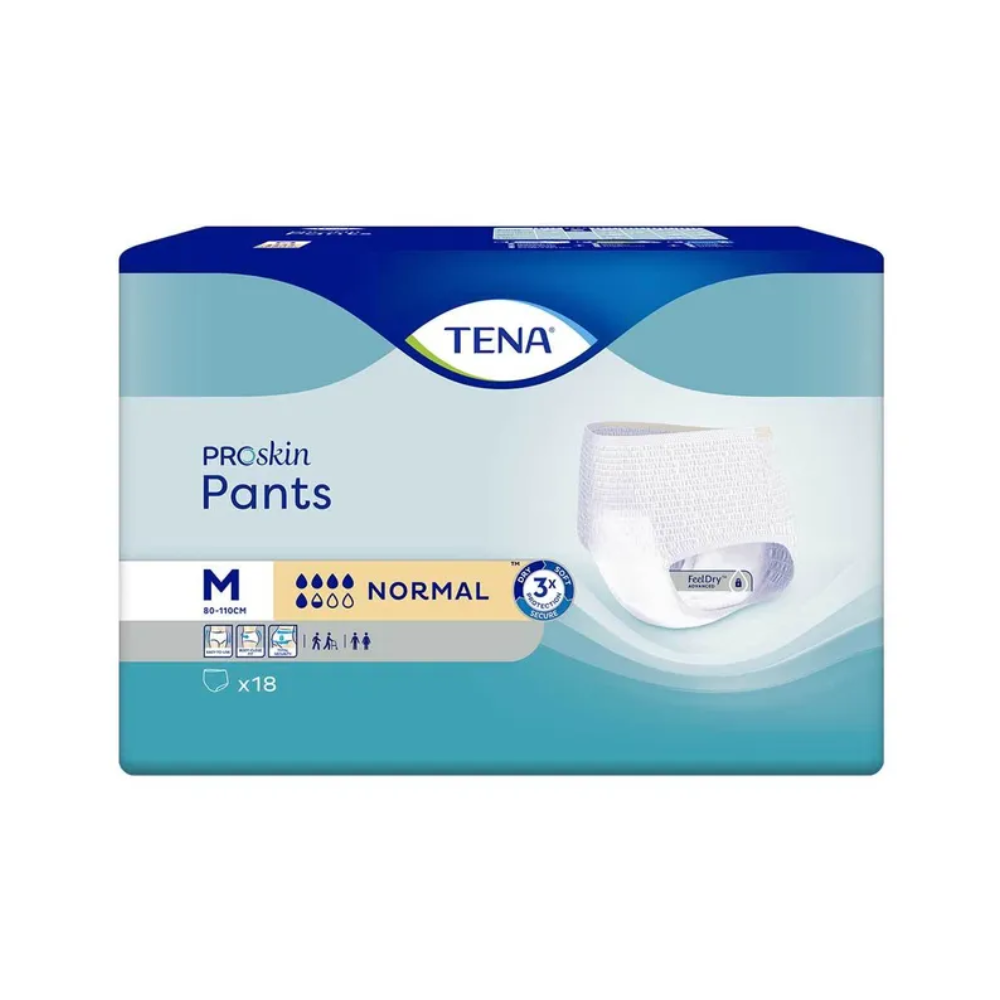 L'image montre un paquet de TENA Proskin Pants Normal de TENA – Essity Germany GmbH, fabriqué pour les personnes souffrant d'incontinence. L'emballage bleu et blanc représente une taille moyenne, une absorption normale pour adultes et contient 18 pièces.