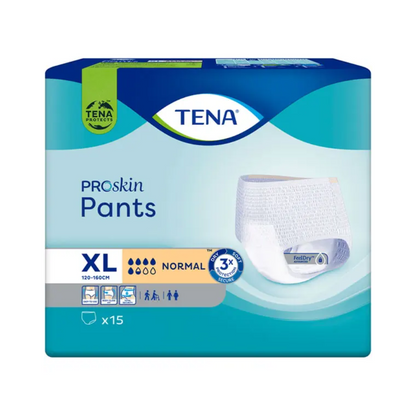 Image d'un paquet de TENA Proskin Pants Normal en taille XL, conçu pour les personnes souffrant d'incontinence. L'emballage est bleu et vert avec des accents blancs, montre une image du pantalon et indique « Absorption normale », adapté pour un tour de taille de 120-160 cm. Chaque paquet contient 15 pièces, fabriqué par TENA - Essity Germany GmbH.
