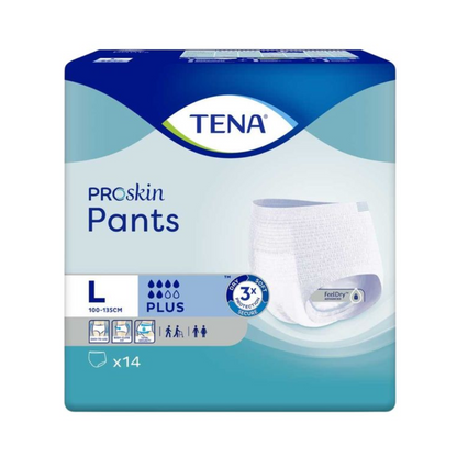 L'emballage des culottes d'incontinence TENA ProSkin Pants Plus en bleu et blanc, conçu pour les tours de taille de 100-135 cm en taille Large (L), dispose d'une technologie de réduction de l'humidité avec une absorption plus élevée. Ce pack de 14 culottes d'incontinence confortables de TENA – Essity Germany GmbH assure sécheresse et sécurité grâce à sa technologie avancée FeelDry.