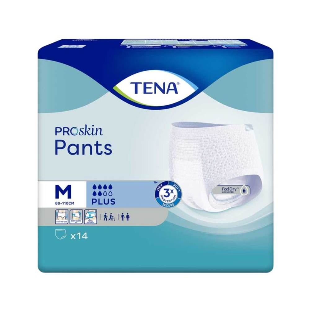 Illustration de l'emballage des culottes d'incontinence TENA Proskin Pants Plus. Une boîte bleu-vert présente des culottes blanches avec les inscriptions « se sent sec », « protection triple » et technologie de réduction de l'humidité. L'emballage est indiqué en taille M (80-110 cm) et contient 14 culottes d'incontinence avec des symboles indiquant diverses utilisations et avantages. Fabriqué par TENA - Essity Germany GmbH.