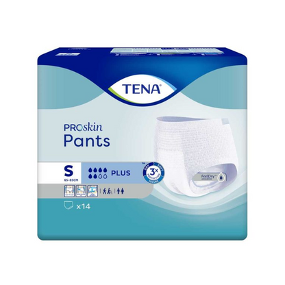 Les culottes d'incontinence TENA Proskin Pants Plus, conçues pour des tailles de taille de 65-85 cm, sont livrées dans un emballage présentant une technologie de réduction de l'humidité. Il met l'accent sur la protection contre les fuites, le confort et le contrôle des odeurs. L'emballage principalement bleu avec des détails blancs de TENA – Essity Germany GmbH contient 14 pièces.