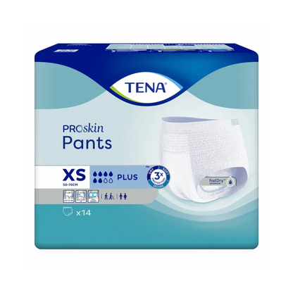 L'emballage des culottes d'incontinence TENA Proskin Pants Plus en taille XS met en avant des caractéristiques telles que FeelDry Advanced et une technologie de réduction de l'humidité. L'emballage bleu et blanc de la marque TENA – Essity Germany GmbH présente une image des culottes d'incontinence et contient 14 pièces.