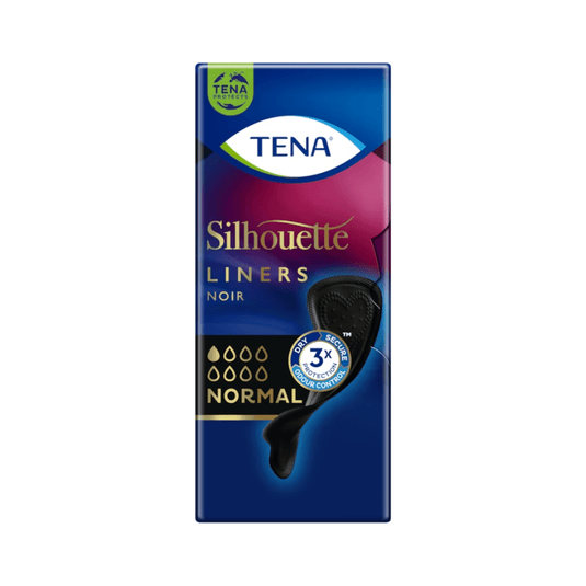 L'emballage des protège-slips TENA Silhouette Noir Normal, de couleur noire, présente un design élégant et se compose d'une boîte bleu foncé rehaussée de touches de rose. Il arbore le logo TENA ainsi qu'une illustration du protège-slip mettant en avant le niveau d'absorption « Normal » et la triple protection « 3x Fresh Odour Control ».