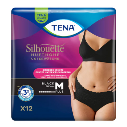 L'image de l'emballage des culottes d'incontinence TENA Silhouette Plus Black montre des culottes taille haute conçues pour la protection de la vessie. L'emballage avec un torse noir élégant et l'inscription EU 36-44 M contient 12 pièces et promet une triple protection contre la faiblesse de la vessie.