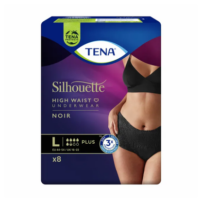 Paquet de culottes d'incontinence TENA Silhouette Plus Noir de TENA - Essity Germany GmbH. L'image montre le ventre d'une femme portant cette lingerie discrète pour la protection de la vessie. Sur le paquet, la taille Large (EU 44-54/UK 16-22) est indiquée et il contient 8 pièces, offrant une protection efficace contre la faiblesse vésicale.