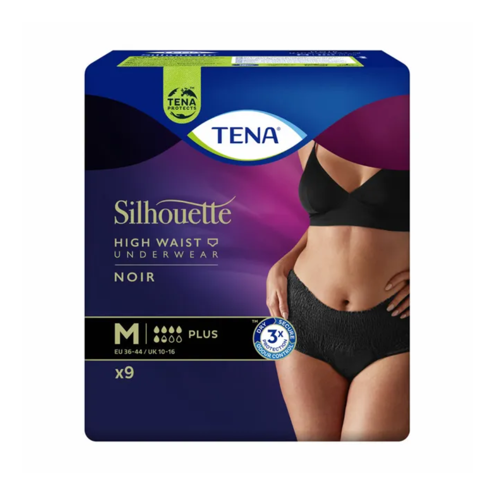 L'image montre un paquet de culottes d'incontinence TENA Silhouette Plus Noir, idéales pour le traitement discret de la faiblesse vésicale. L'emballage est dans des tons de bleu et de violet et montre une personne en sous-vêtements noirs élégants. Il est marqué comme taille moyenne avec une capacité d'absorption Plus et contient neuf pièces.