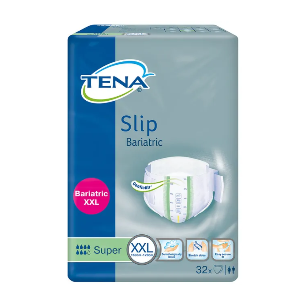 Un paquet de TENA ProSkin Slip Bariatic Super protection contre l'incontinence d'Essity Germany GmbH, conçu pour les personnes avec un tour de taille de 163 cm à 178 cm, offre confort grâce à un matériau respirant, un neutraliseur d'odeurs, des côtés élastiques et des languettes faciles à ouvrir. Ce produit XXL comprend 32 couches pour adultes.