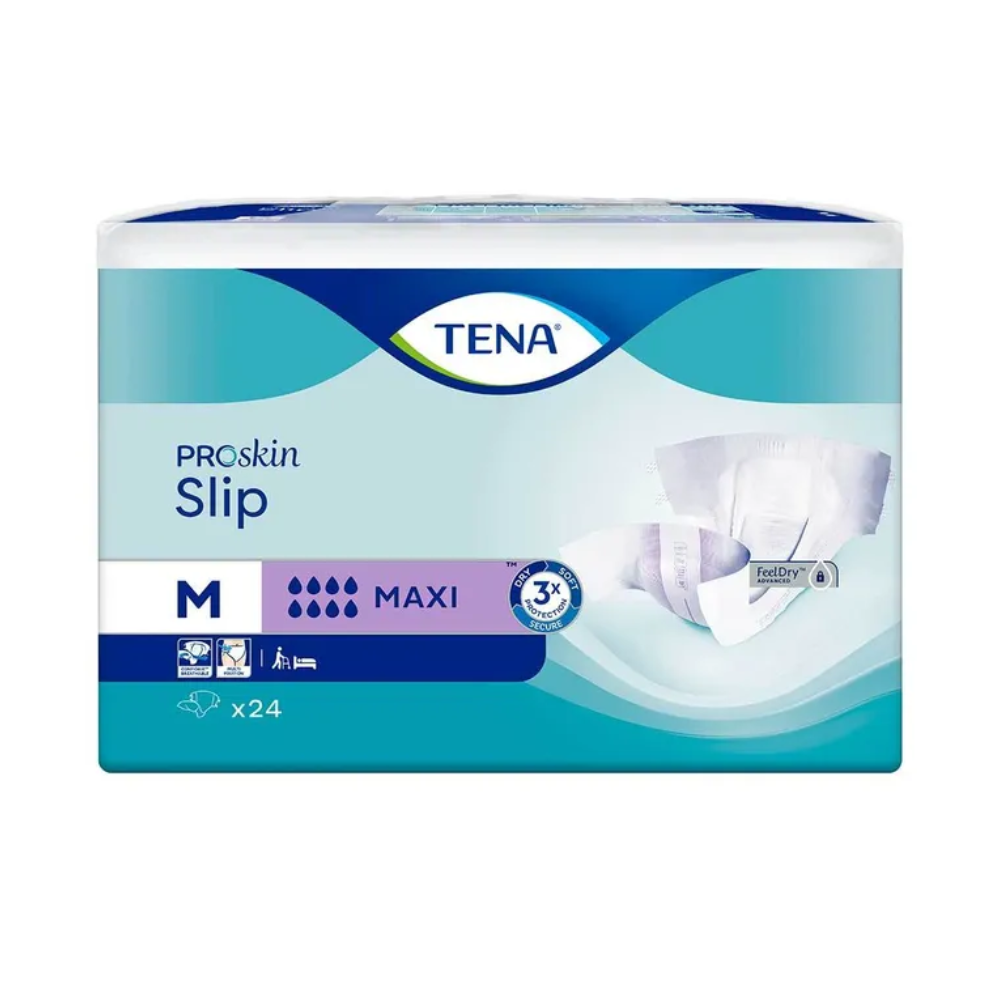 L'emballage du TENA Slip Maxi protection contre l'incontinence avec ceinture de TENA – Essity Germany GmbH présente un design bleu frappant avec des accents blancs et une image de la couche pour adultes. La taille moyenne est marquée par un 'M' et comprend un paquet de 24 slips, offrant une protection fiable contre les fuites pour une confiance toute la journée.