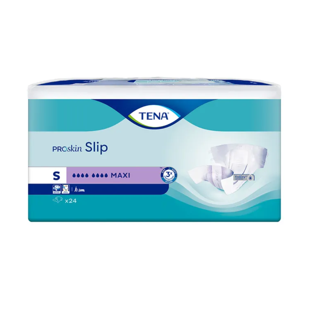 L'emballage illustré est pour le TENA Slip Maxi protection contre l'incontinence avec ceinture de TENA – Essity Germany GmbH. L'étiquette indique la taille Small (S) et la capacité d'absorption maximale et montre une image du produit avec protection contre les fuites. Il contient 24 pièces et est principalement de couleur bleu-blanc.