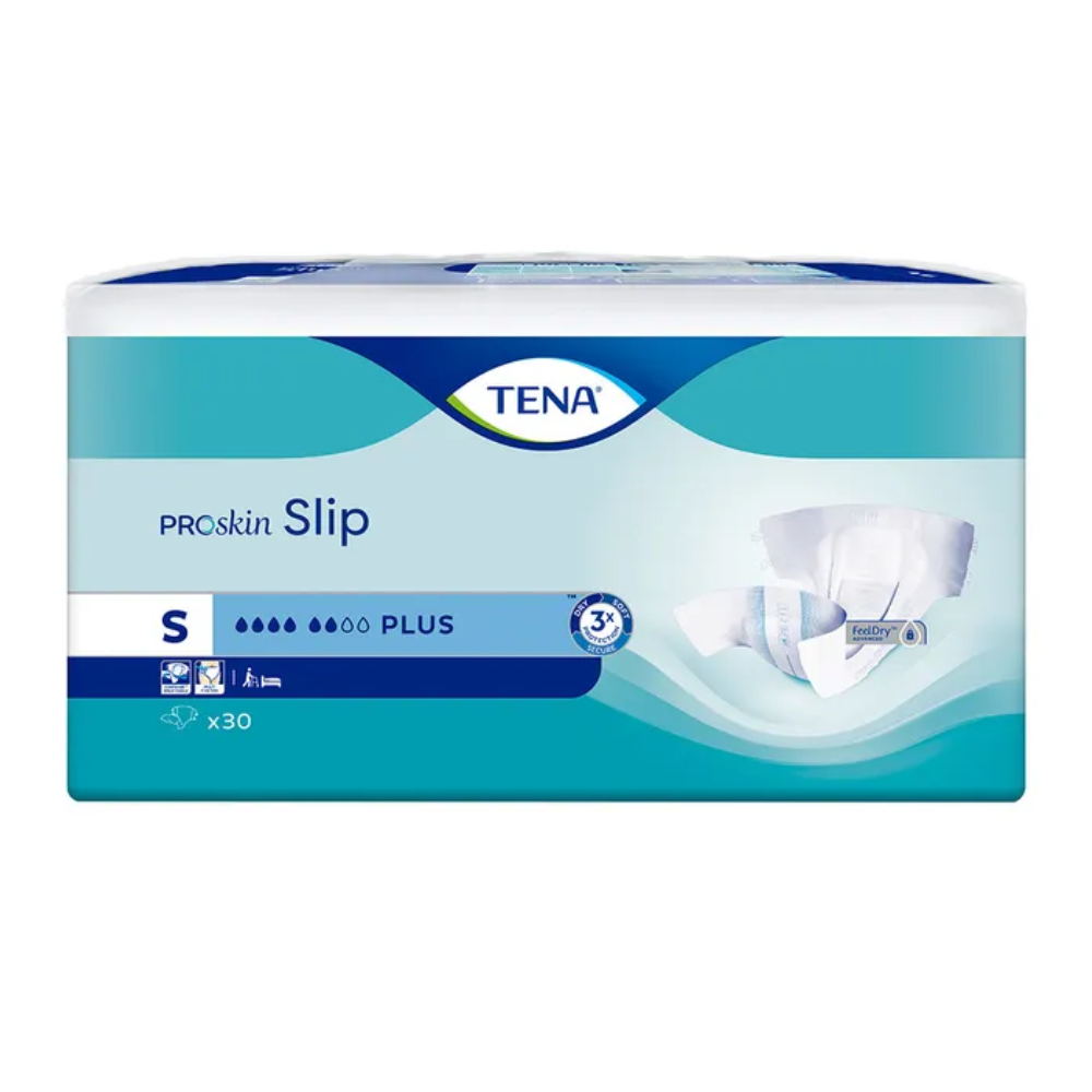 L'emballage de la protection contre l'incontinence TENA Slip Plus avec ceinture en taille S met en avant le nom du produit ainsi qu'une petite image de la couche pour adultes sur le devant. Il contient 30 pièces par paquet et affiche le branding bleu et blanc de TENA - Essity Germany GmbH, qui met en avant la protection anti-fuite fiable pour un confort et une protection optimaux.