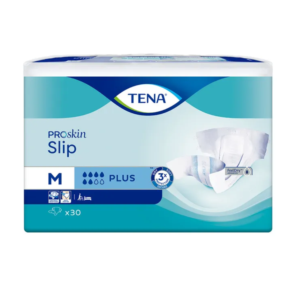 L'image montre un paquet de protection contre l'incontinence TENA Slip Plus avec ceinture de TENA – Essity Germany GmbH, qui inclut une protection anti-fuite pour une sécurité supplémentaire. L'emballage bleu et blanc indique avec un « M » la taille moyenne et contient 30 pièces, soulignant la triple protection cutanée.
