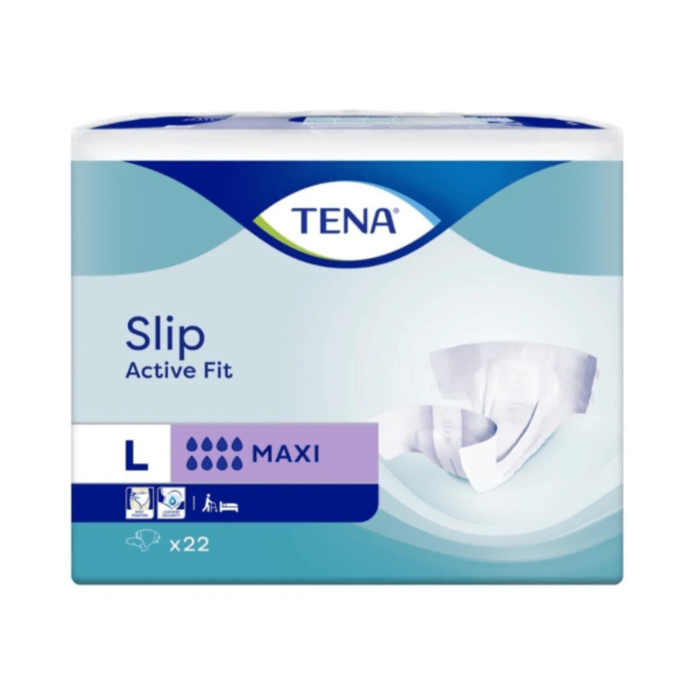 Illustré est un paquet de TENA Slip Active Fit Maxi de TENA - Essity Germany GmbH en taille large (22 pièces) avec une image du produit et des symboles pour la protection anti-fuite, l'absorption et l'utilisation.