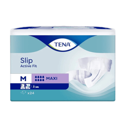 Un paquet rectangulaire de TENA Slip Active Fit Maxi de TENA - Essity Germany GmbH, taille M avec absorption maximale et protection anti-fuite. Contient 24 slips dans un emballage bleu et blanc avec des images et des symboles du produit.