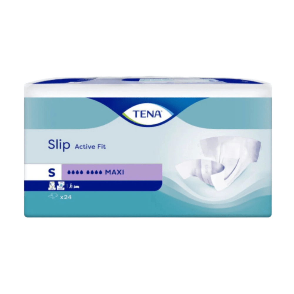 Un paquet de 24 couches TENA Slip Active Fit Maxi pour adultes, taille petite, de TENA - Essity Germany GmbH. Avec protection contre l'incontinence et protection anti-fuite de haute qualité dans un emballage bleu et blanc avec des images et des détails du produit sur le devant.
