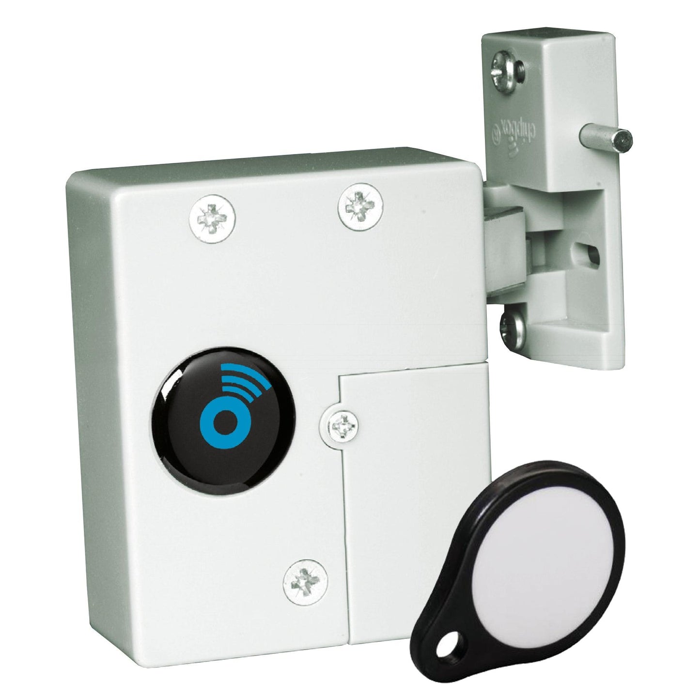 L'image montre une serrure électronique Novocal Transponder (1 pièce) pour tiroirs ou portes en blanc avec un capteur rond noir portant un symbole radio bleu; devant se trouve un porte-clés blanc avec un bord noir et le support mural est installé.
