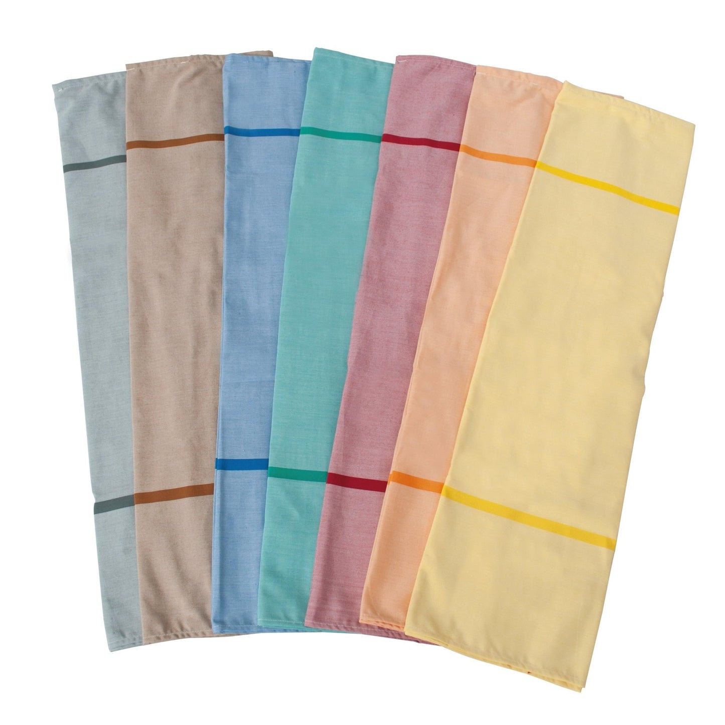 Six serviettes en tissu pliées en gris, taupe, bleu, pétrole, rose et jaune avec une bande sont disposées sur un fond blanc à côté du sac à linge textile Novocal auto-ouvrant (100% polyester, env. 12 kg de capacité) de Novocal.