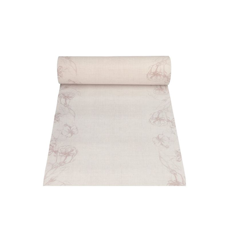 Un PAPSTAR nappe en tissu semblable PV-Tissue Mix en beige clair avec des motifs floraux rose pâle subtils. Cet article fait partie de la collection élégante ROYAL de la PAPSTAR GmbH et est présenté à plat avec le rouleau en haut, idéal pour une nappe prolongée. Le tissu mesure 24 mètres de long et 40 centimètres de large.