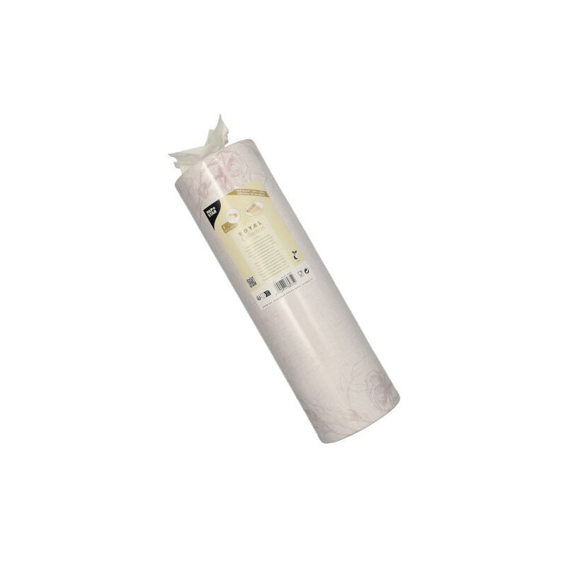 Un rouleau de PAPSTAR nappe en tissu semblable PV-Tissue Mix « ROYAL Collection » de la PAPSTAR GmbH est orné d'un motif floral discret, orienté verticalement sur un fond blanc simple. L'étiquette montre de manière proéminente les détails du produit ainsi que le logo de la marque en haut.