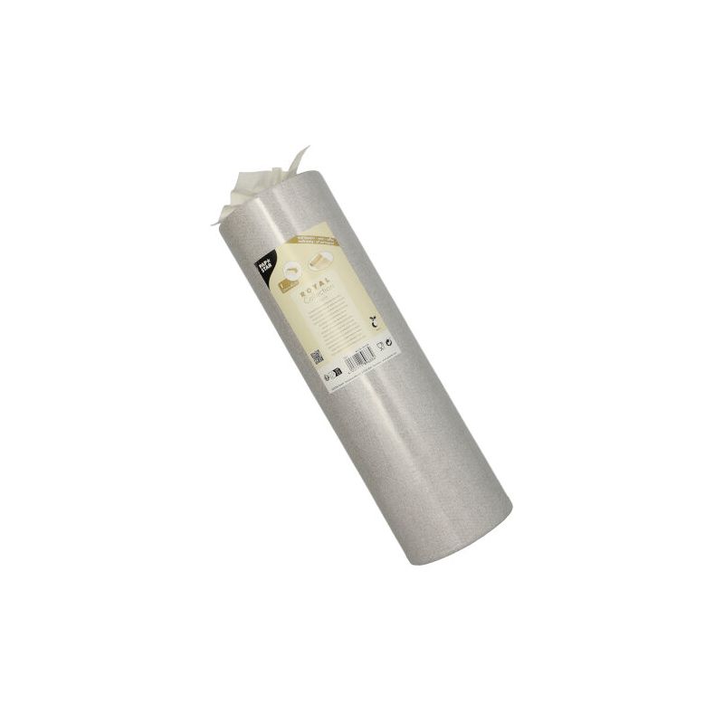 Un rouleau de PAPSTAR nappe en tissu semblable PV-Tissue Mix « ROYAL Collection » de la PAPSTAR GmbH est élégamment étiqueté avec des informations sur le produit. Le rouleau est debout devant un fond blanc simple et montre sa composition de haute qualité en mélange de pulpe-viscose-tissu.