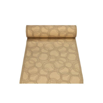 Le PAPSTAR chemin de table en tissu PV-Tissue Mix de la « ROYAL Collection » de PAPSTAR GmbH est composé d'un rouleau de tissu beige avec un motif répétitif de boucles circulaires qui se chevauchent. Ce mélange de pulpe et de viscose se déroule partiellement et révèle sa texture lisse et son éclat subtil, ce qui en fait le point central idéal pour toute décoration de table.