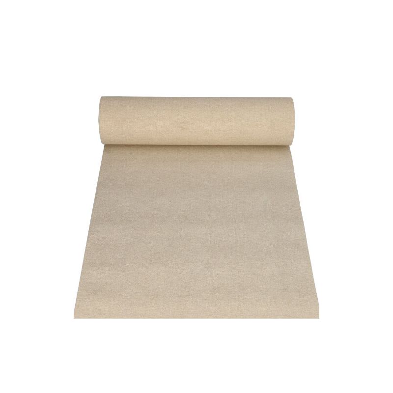 Un rouleau de tissu beige du PAPSTAR chemin de table en tissu PV-Tissue Mix « ROYAL Collection », partiellement déroulé sur un fond blanc, met en valeur le mélange luxueux de pulpe et de viscose dans son design.