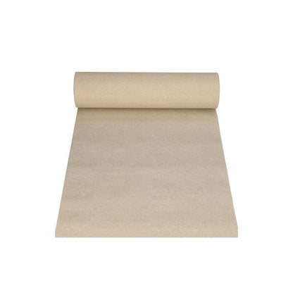 Un rouleau de tissu beige du PAPSTAR chemin de table en tissu PV-Tissue Mix « ROYAL Collection », partiellement déroulé sur un fond blanc, met en valeur le mélange luxueux de pulpe et de viscose dans son design.
