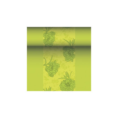 Une rouleau de papier peint avec un motif floral dans des tons verts, rappelant la noble ROYAL Collection de PAPSTAR GmbH. Ce design présente de grandes fleurs dans un vert légèrement plus foncé sur un fond vert plus clair, émanant un charme élégant similaire à celui du PAPSTAR chemin de table en tissu PV-Tissue Mix « ROYAL Collection » aux dimensions de 24 m x 40 cm.
