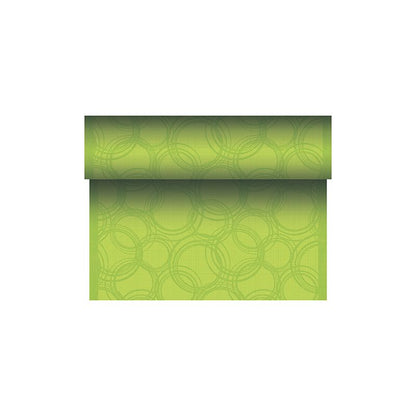 Ce produit vert fait partie de la collection ROYAL de la PAPSTAR GmbH et présente un motif de cercles subtils et superposés avec des formes circulaires vert clair sur un fond légèrement plus sombre. Le chemin de table PAPSTAR en tissu mixte PV-Tissue est partiellement déroulé et montre son design élégant sur ses dimensions de 24 m x 40 cm.