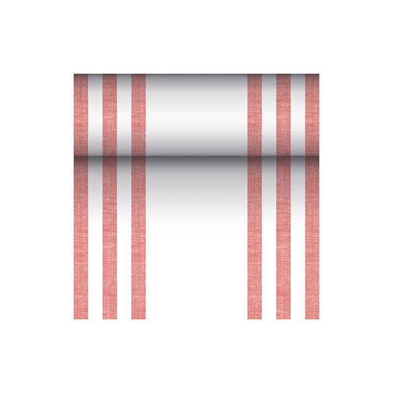 Le chemin de table semblable à un tissu PV-Tissue Mix « ROYAL Collection » de PAPSTAR GmbH dans les dimensions 24 m x 40 cm se distingue par un design marquant de six lignes rouges verticales, complété par un dégradé central horizontal de noir à blanc sur un fond blanc immaculé.