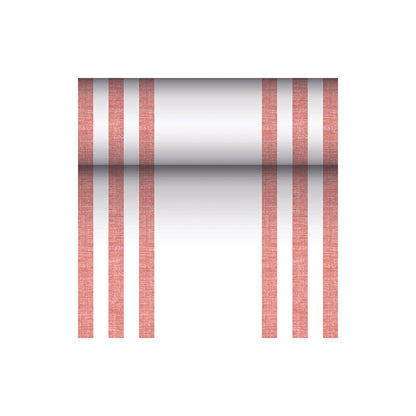 Le chemin de table semblable à un tissu PV-Tissue Mix « ROYAL Collection » de PAPSTAR GmbH dans les dimensions 24 m x 40 cm se distingue par un design marquant de six lignes rouges verticales, complété par un dégradé central horizontal de noir à blanc sur un fond blanc immaculé.