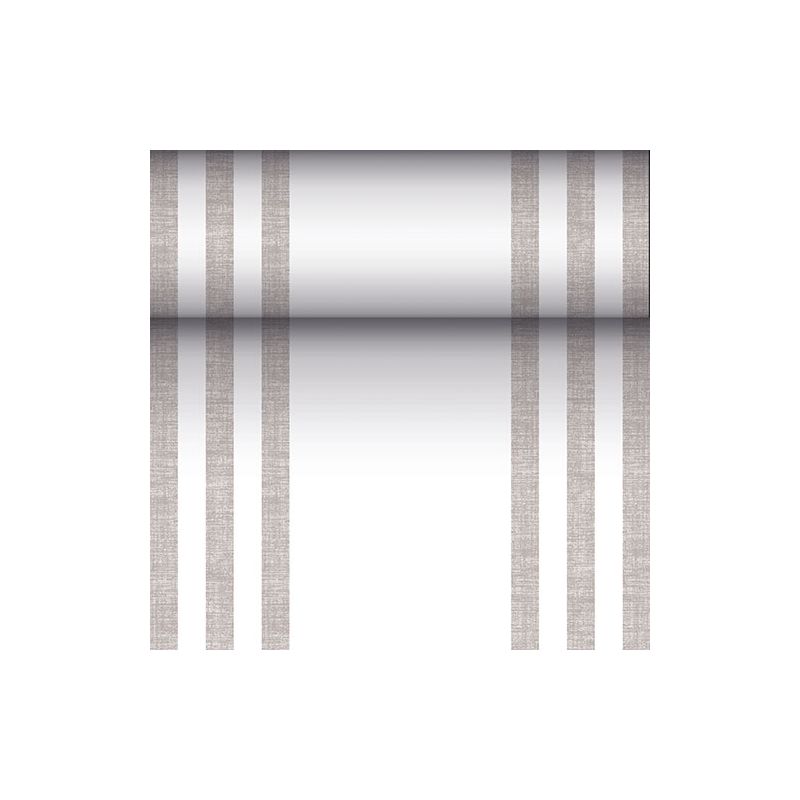 Un cylindre métalliquement réfléchissant est suspendu par trois lignes brunes verticales et parallèles de chaque côté, rappelant ainsi le design moderne d'un chemin de table PAPSTAR semblable à un tissu PV-Tissue Mix de la « ROYAL Collection » sur fond blanc.