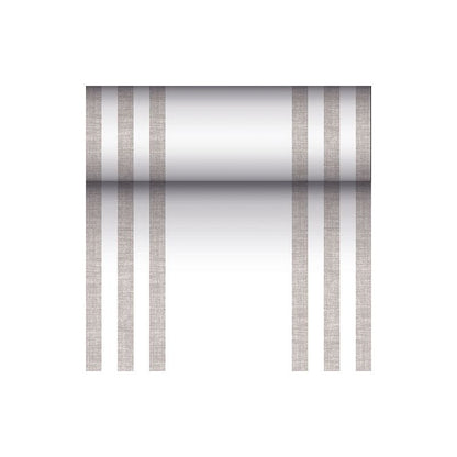 Un cylindre métalliquement réfléchissant est suspendu par trois lignes brunes verticales et parallèles de chaque côté, rappelant ainsi le design moderne d'un chemin de table PAPSTAR semblable à un tissu PV-Tissue Mix de la « ROYAL Collection » sur fond blanc.