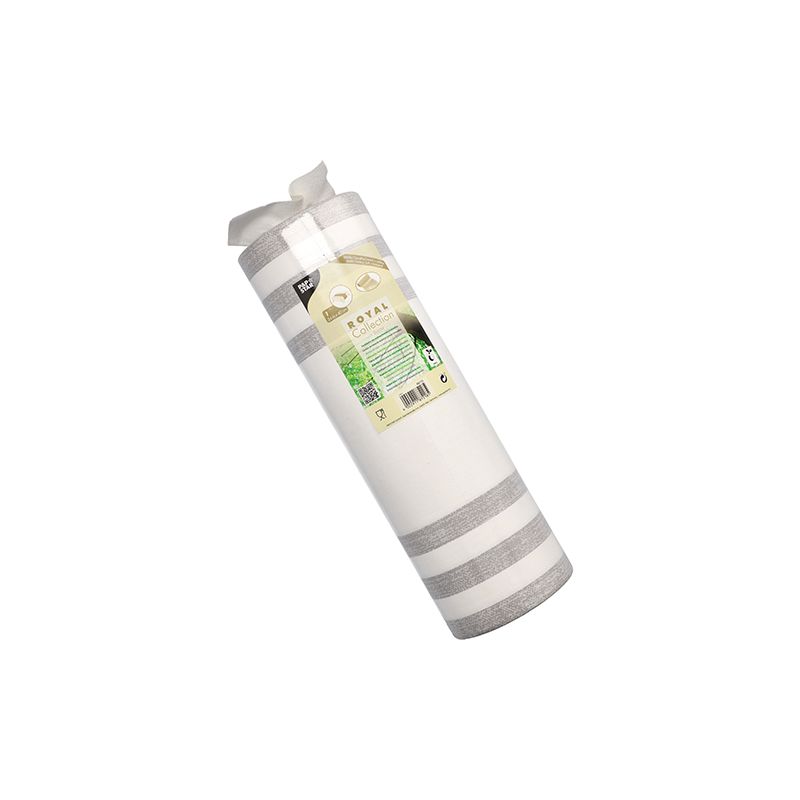 Un rouleau de textile d'intérieur rayé beige et blanc de la « ROYAL Collection » de la PAPSTAR GmbH est composé d'un mélange PV-Tissue et est proprement enroulé dans un emballage en plastique transparent avec une étiquette de détails du produit. Avec 24 mètres de longueur et 40 centimètres de largeur, il peut être utilisé élégamment comme chemin de table.
