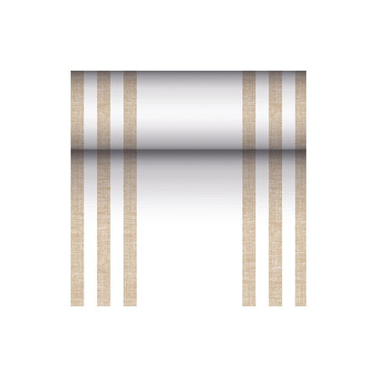 Le PAPSTAR chemin de table en tissu PV-Tissue Mix « ROYAL Collection » de PAPSTAR GmbH est un chemin rectangulaire aux dimensions de 24 mètres par 40 centimètres, dont la surface blanche est ornée de chaque côté de deux paires de lignes verticales brunes, assurant un aspect symétrique. Au centre, un dégradé commence sombre au milieu et s'éclaircit vers les bords.