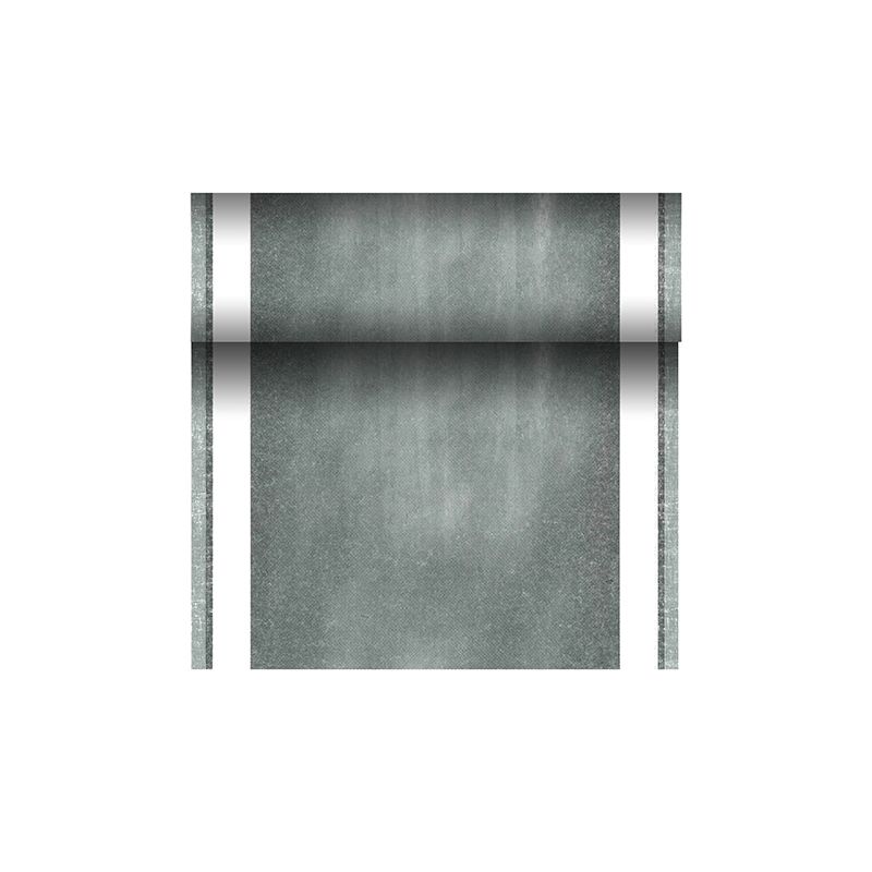 Un rouleau de chemin de table vert semblable à un tissu de la PAPSTAR chemin de table PV-Tissue Mix « ROYAL Collection » avec des bords blancs nets est partiellement déroulé devant un fond blanc simple. Ce produit fabriqué par la PAPSTAR GmbH présente un aspect légèrement vieilli en raison de sa composition unique de mélange de cellulose-viscose-tissu.