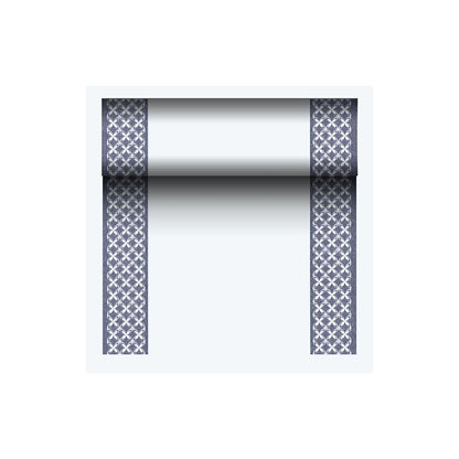 Le PAPSTAR chemin de table semblable à un tissu PV-Tissue Mix, « ROYAL Collection » de PAPSTAR GmbH, est composé d'un mélange de cellulose-viscose-tissu de haute qualité. Il dispose de deux bords étroits bleu foncé avec un motif en X répétitif, devant un centre blanc élégant. Parfait pour ajouter de la sophistication à n'importe quel environnement.